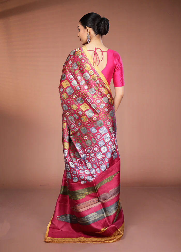 Pink Printed Silk Saree Without Blouse Piece - Image 3
