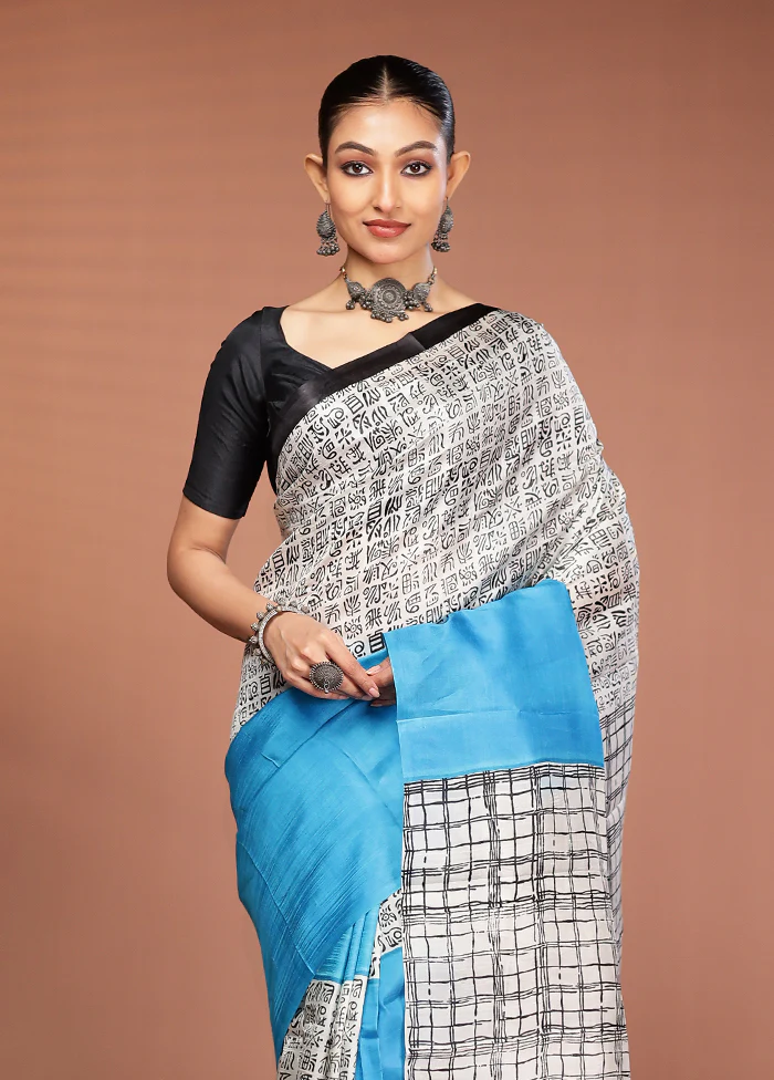 White Printed Pure Silk Saree Without Blouse Piece