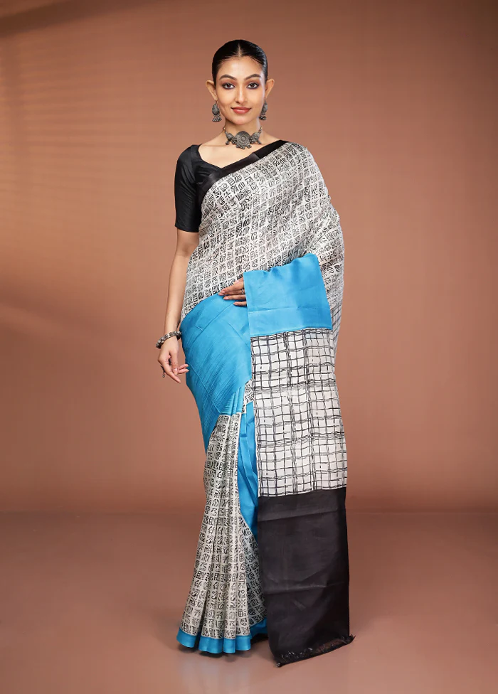 White Printed Pure Silk Saree Without Blouse Piece - Image 2