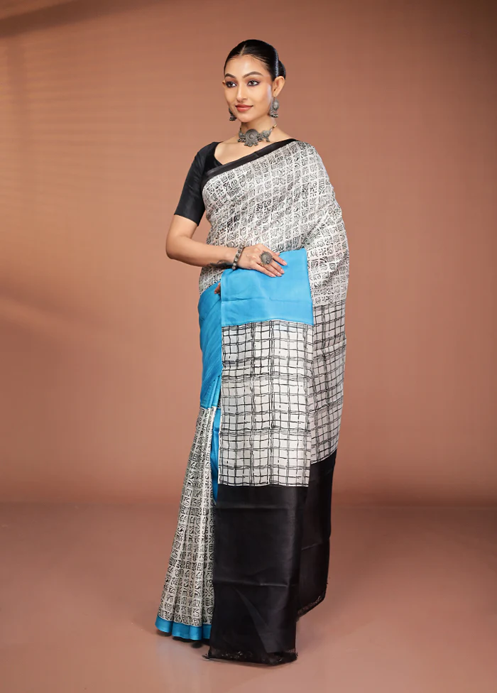White Printed Pure Silk Saree Without Blouse Piece - Image 4