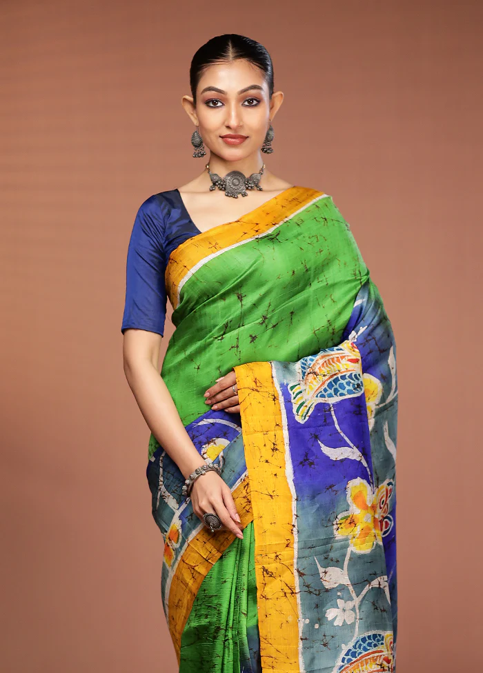 Green Printed Pure Silk Saree Without Blouse Piece