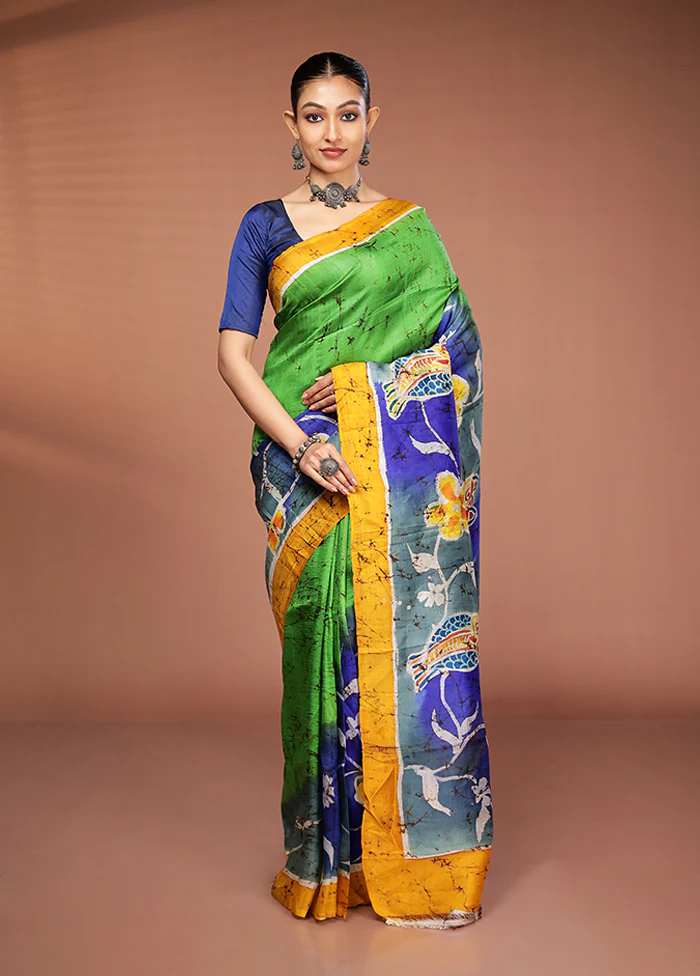 Green Printed Pure Silk Saree Without Blouse Piece - Image 2