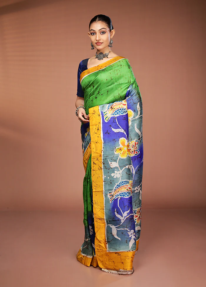 Green Printed Pure Silk Saree Without Blouse Piece - Image 4