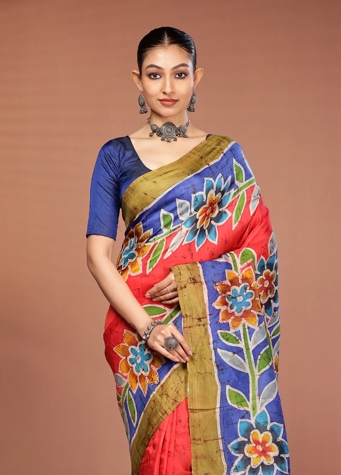 Red Printed Silk Saree Without Blouse Piece