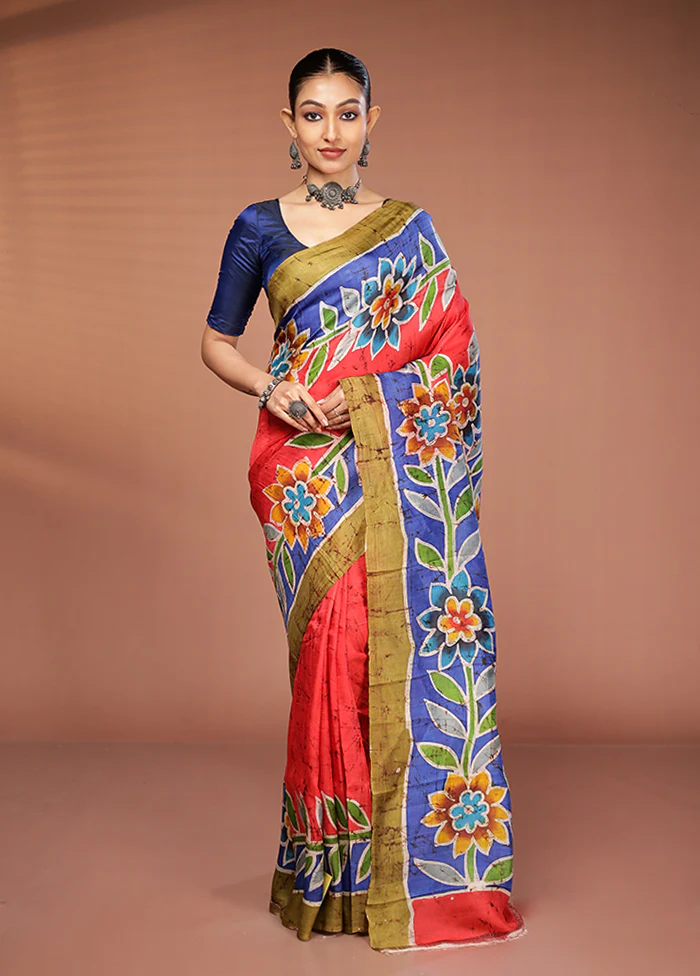 Red Printed Silk Saree Without Blouse Piece - Image 2