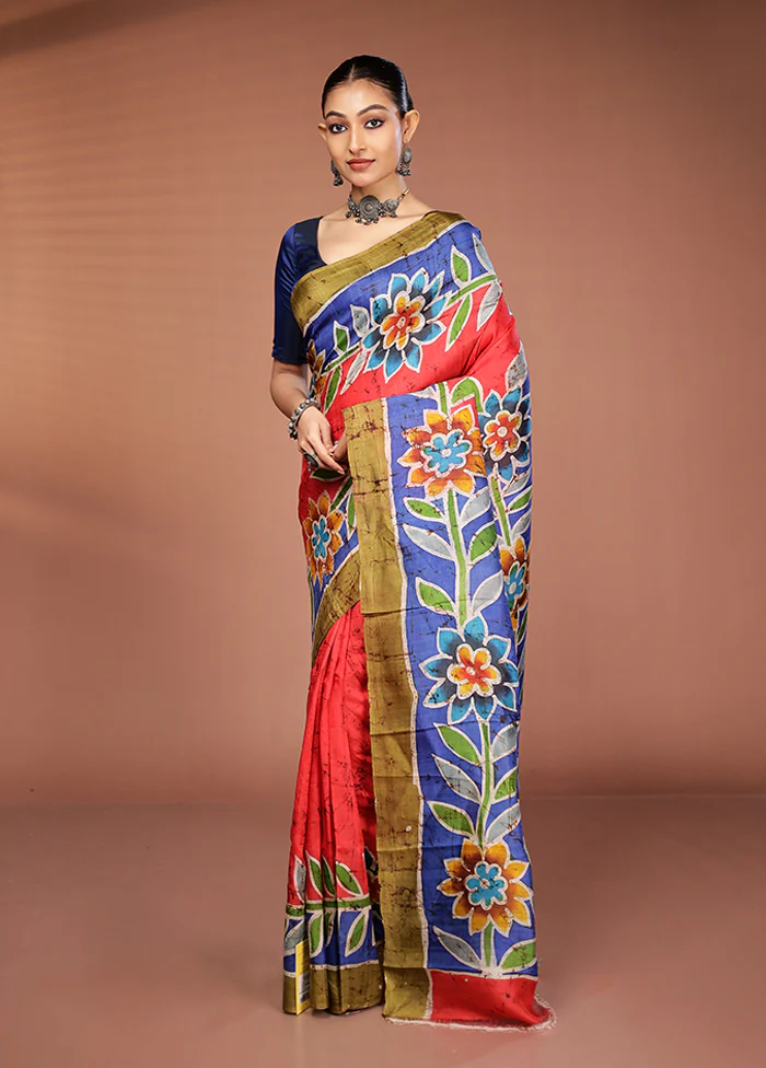 Red Printed Silk Saree Without Blouse Piece - Image 4