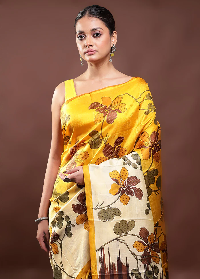 Yellow Printed Pure Silk Saree Without Blouse Piece - Image 2