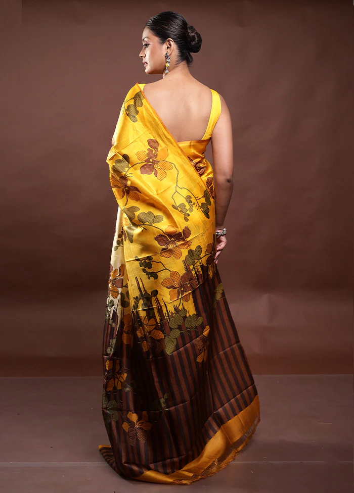 Yellow Printed Pure Silk Saree Without Blouse Piece - Image 3