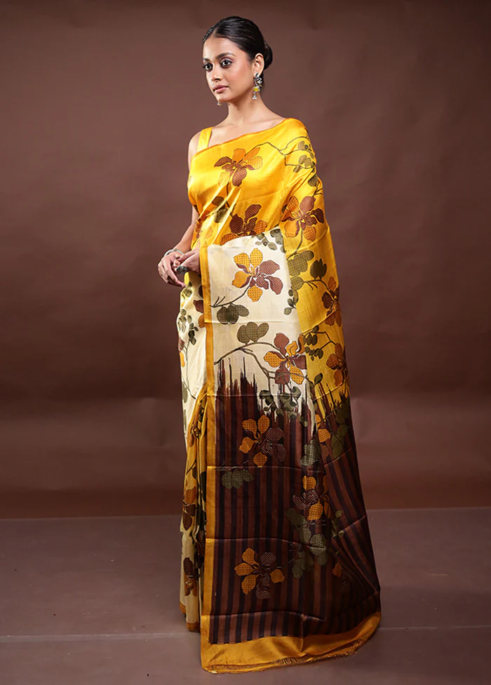 Yellow Printed Pure Silk Saree Without Blouse Piece - Image 4