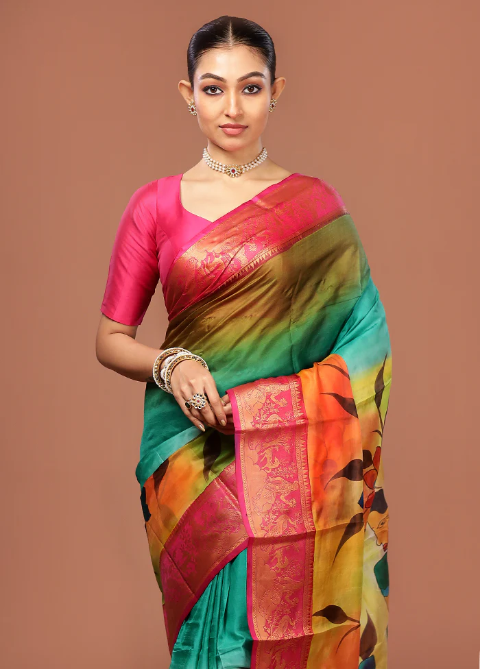 Multicolor Printed Pure Silk Saree Without Blouse Piece