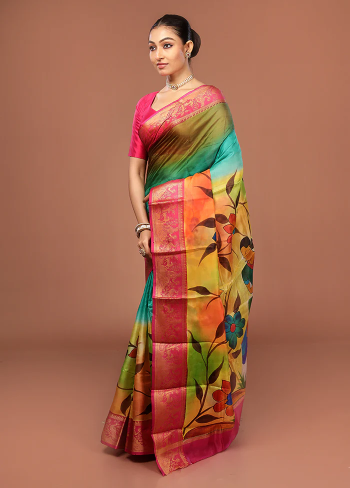 Multicolor Printed Pure Silk Saree Without Blouse Piece - Image 4
