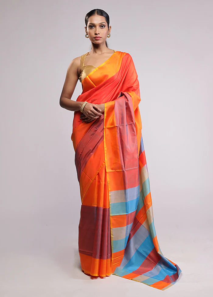 Orange Pure Bishnupuri Silk Saree With Blouse Piece - Image 2