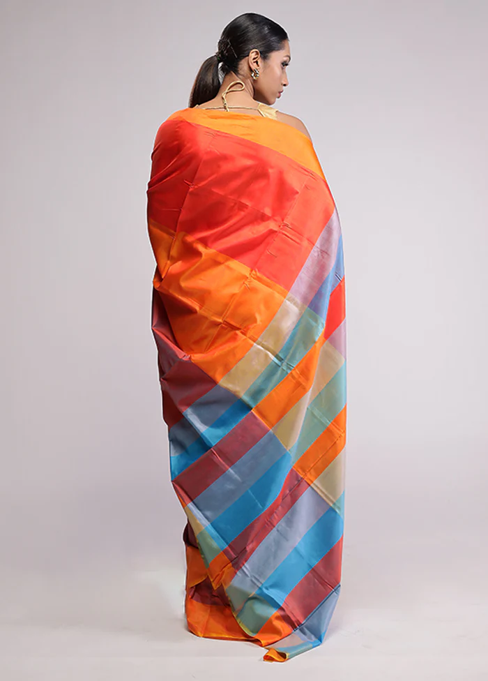 Orange Pure Bishnupuri Silk Saree With Blouse Piece - Image 3