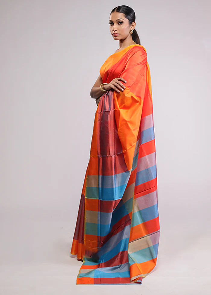 Orange Pure Bishnupuri Silk Saree With Blouse Piece - Image 4