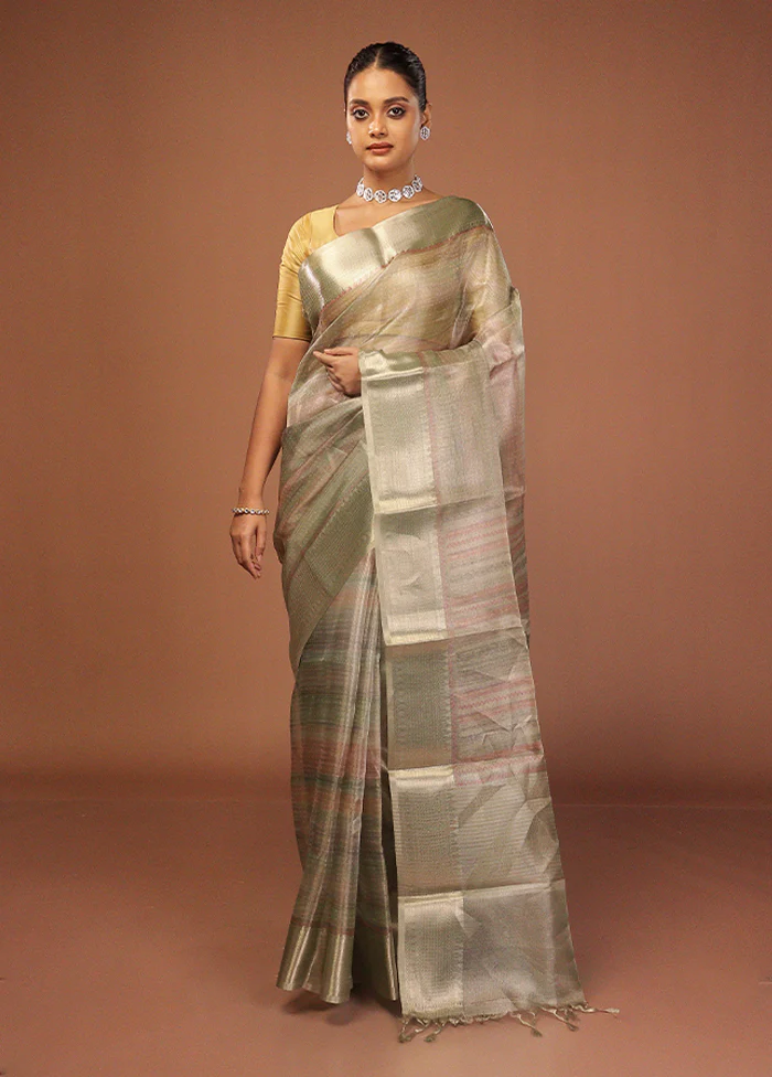 Green Tissue Silk Saree With Blouse Piece - Image 2
