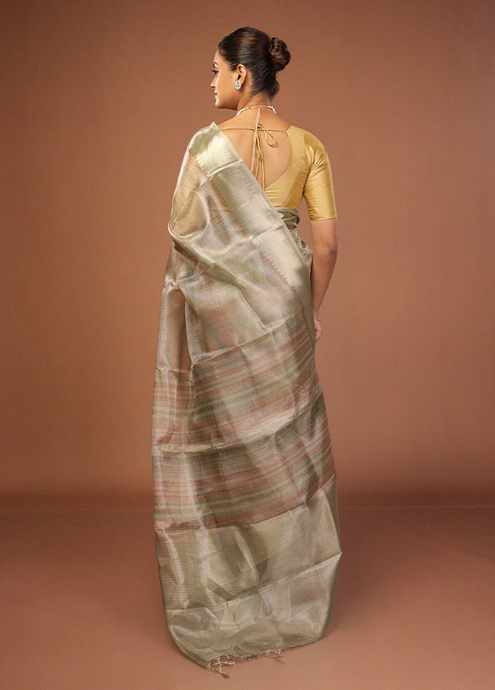 Green Tissue Silk Saree With Blouse Piece - Image 3