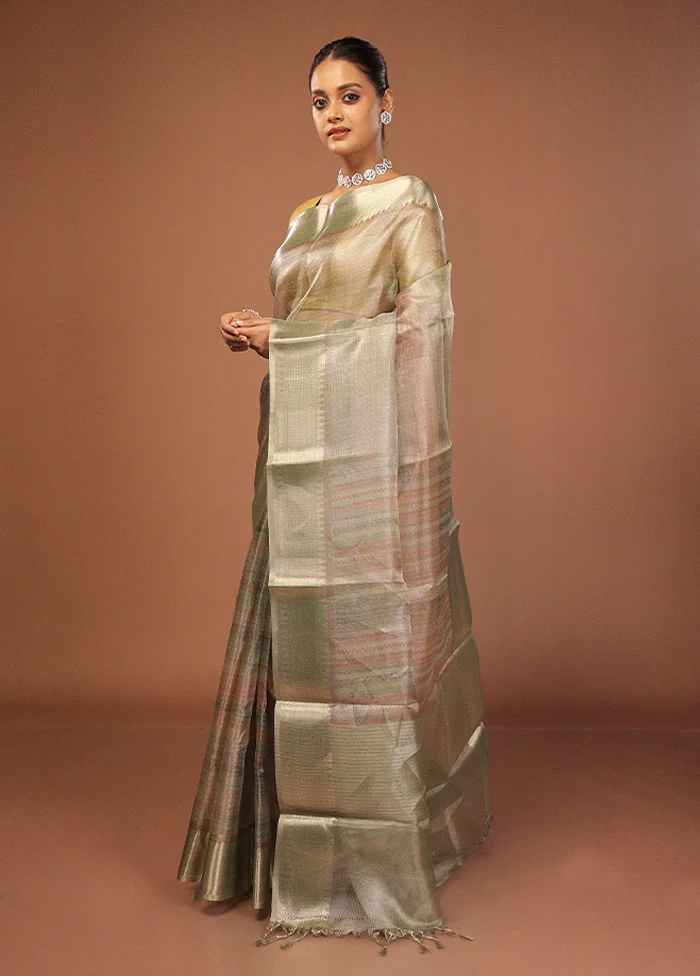 Green Tissue Silk Saree With Blouse Piece - Image 4