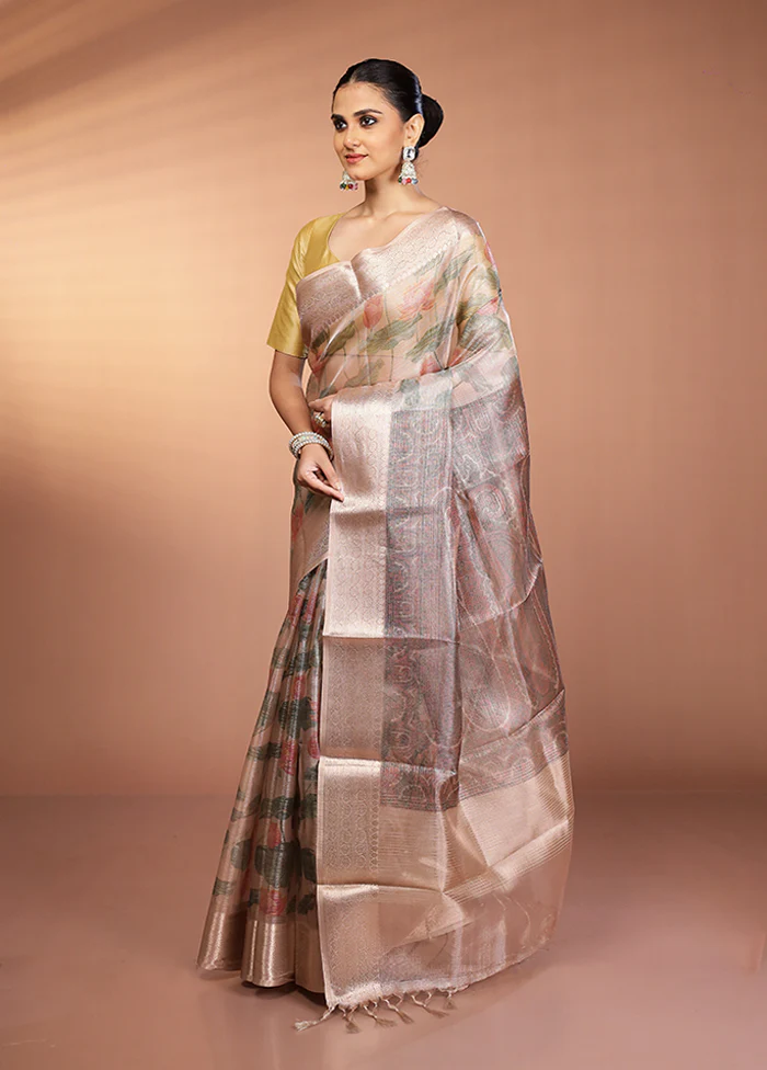 Cream Tissue Silk Saree With Blouse Piece - Image 4