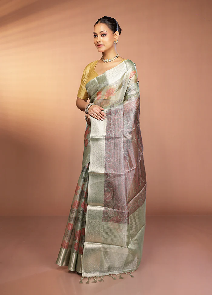 Grey Tissue Silk Saree With Blouse Piece - Image 4