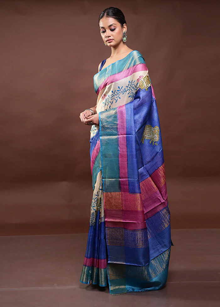 Multicolor Tussar Silk Saree With Blouse Piece - Image 4