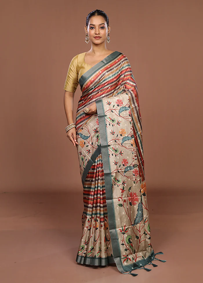 Cream Tussar Silk Saree With Blouse Piece - Image 2