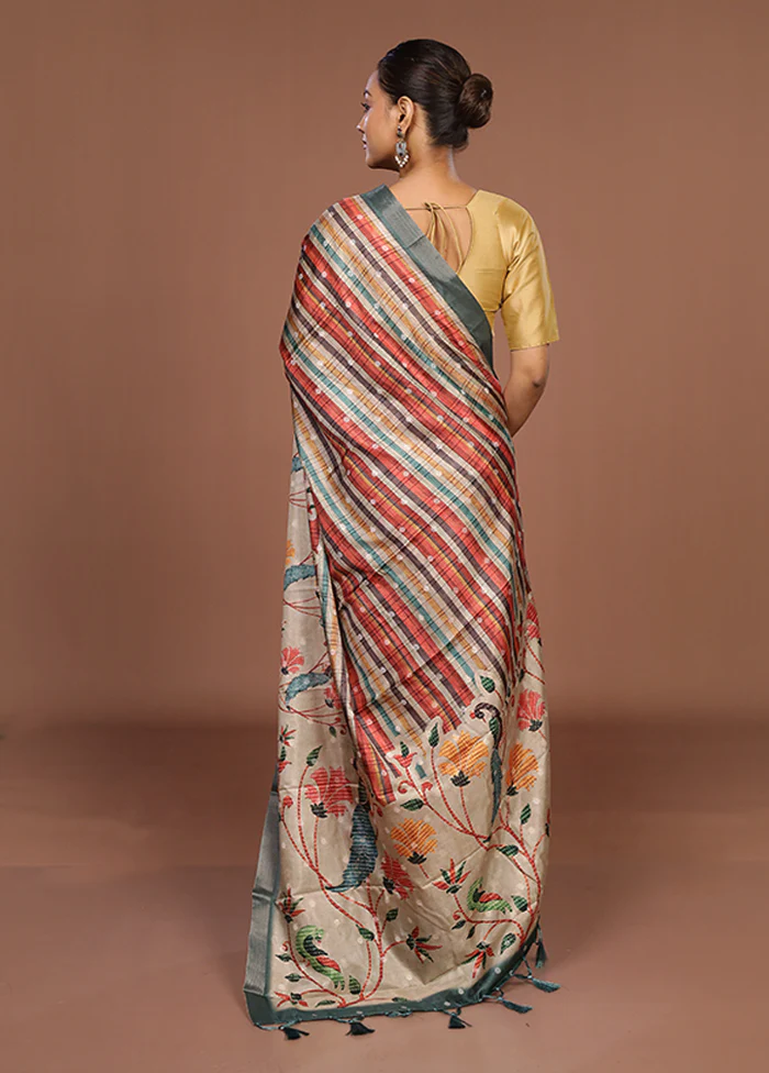 Cream Tussar Silk Saree With Blouse Piece - Image 3