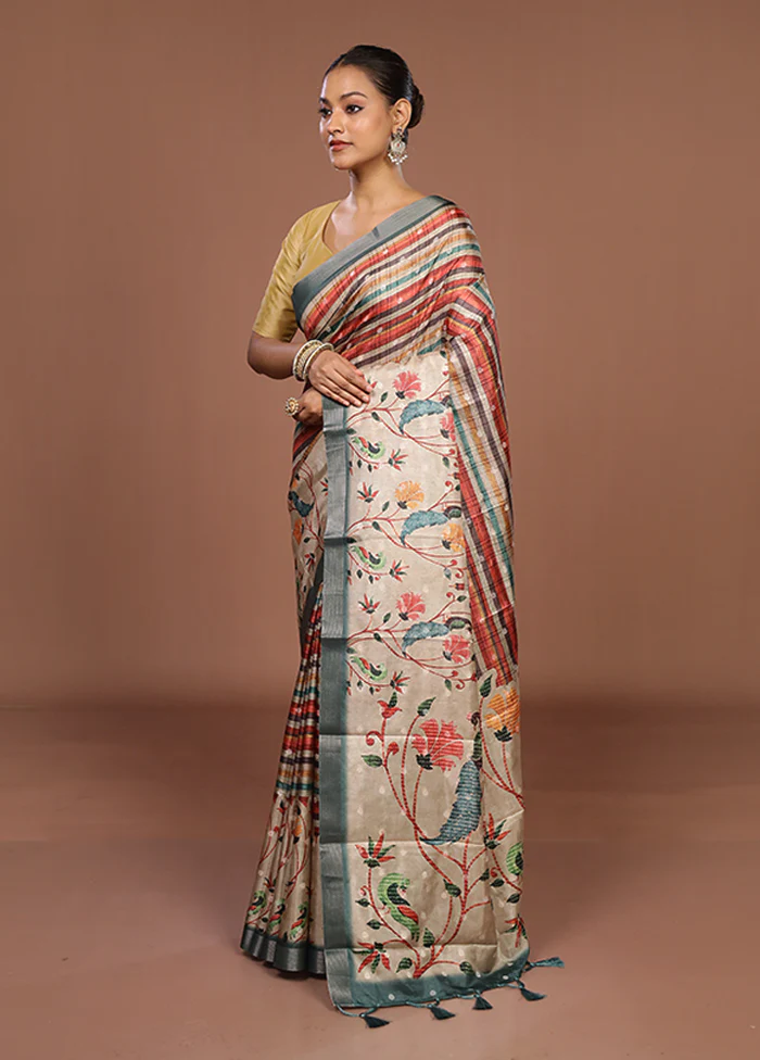 Cream Tussar Silk Saree With Blouse Piece - Image 4