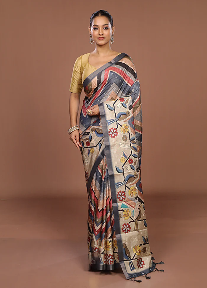 Cream Tussar Silk Saree With Blouse Piece - Image 2