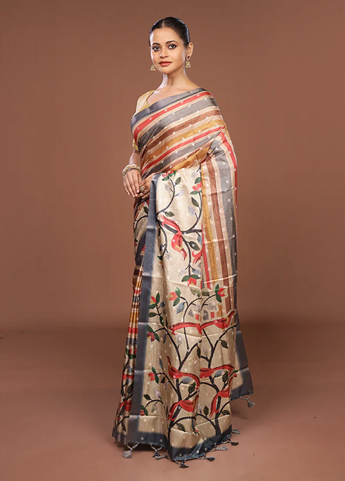 Multicolor Tussar Silk Saree With Blouse Piece - Image 4