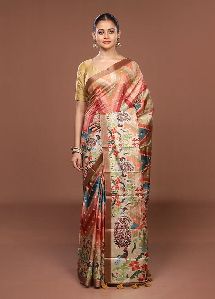 Green Tussar Silk Saree With Blouse Piece - Image 2