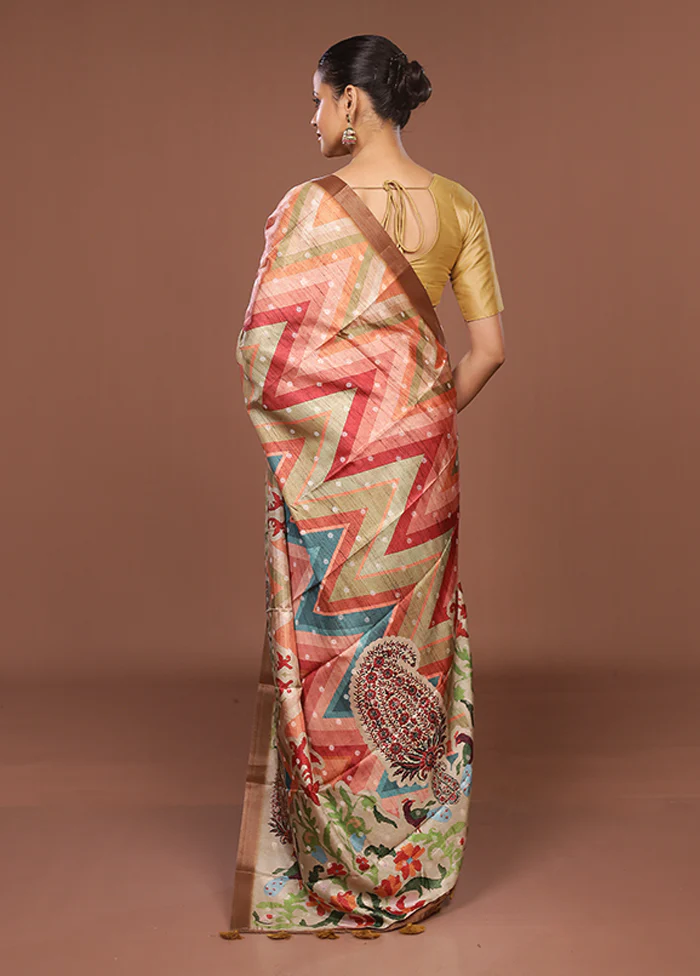 Green Tussar Silk Saree With Blouse Piece - Image 3