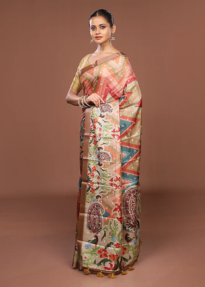 Green Tussar Silk Saree With Blouse Piece - Image 4