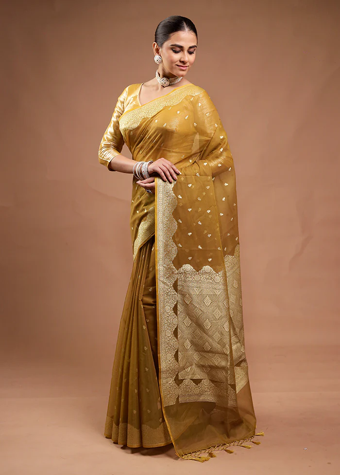 Mustard Kora Silk Saree With Blouse Piece - Image 4