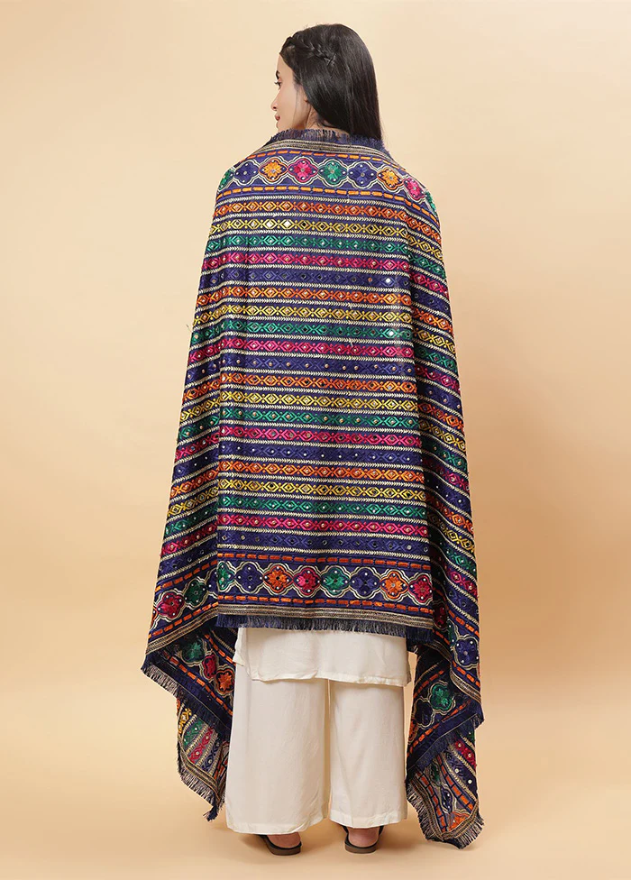Navy Blue Chinon Phulkari Work Dupatta - Image 2