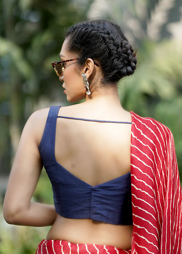 Navy Blue Dupion Silk Designer Blouse - Image 2