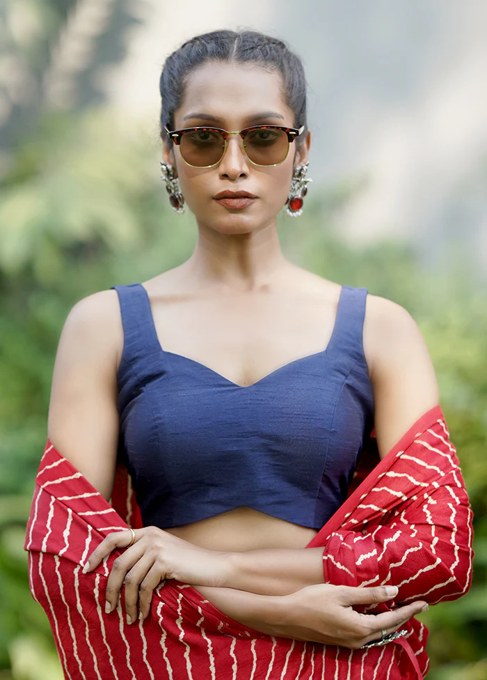 Navy Blue Dupion Silk Designer Blouse - Image 3