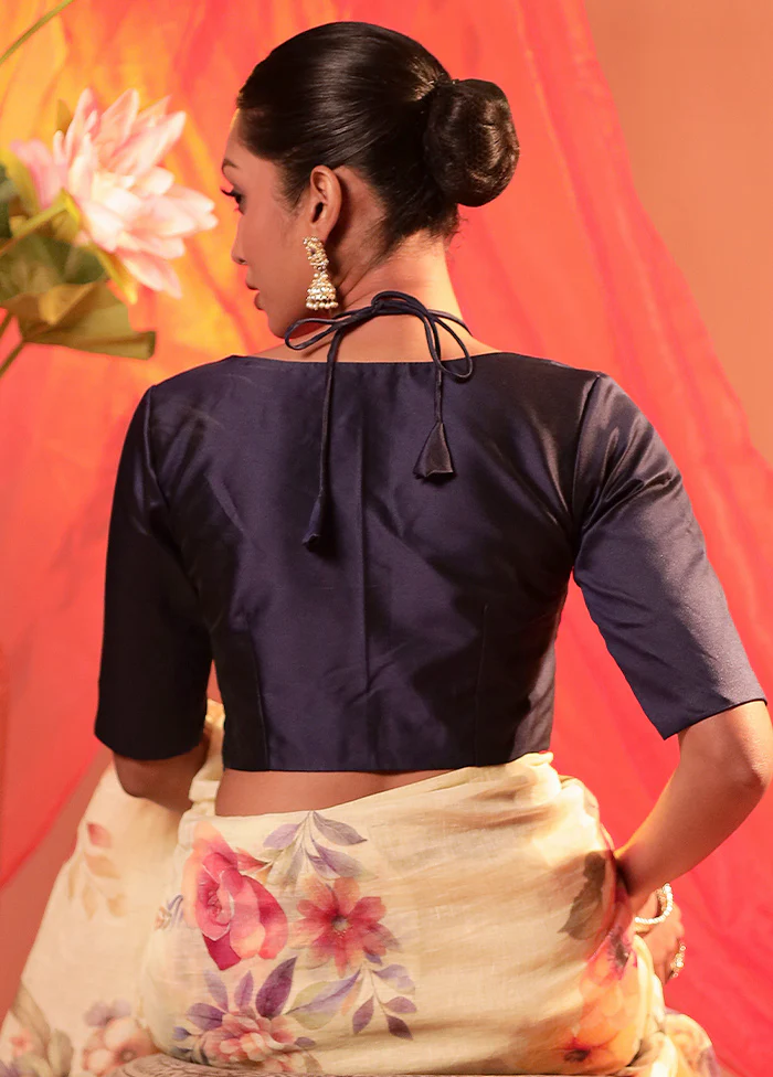 Navy Blue Elbow Sleeve Designer Blouse - Image 2