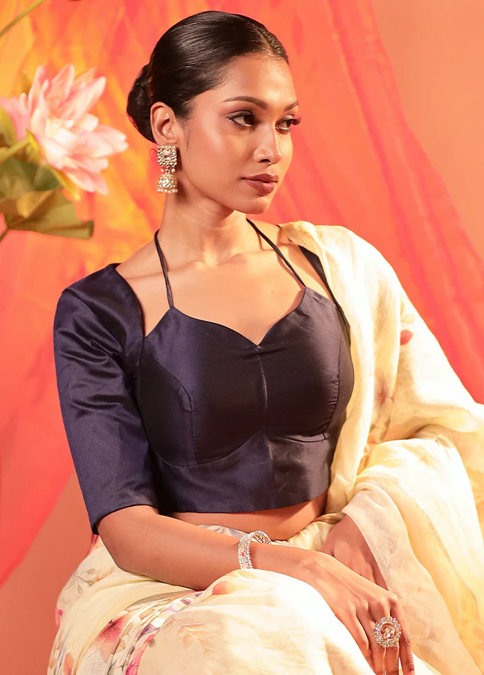 Navy Blue Elbow Sleeve Designer Blouse - Image 3