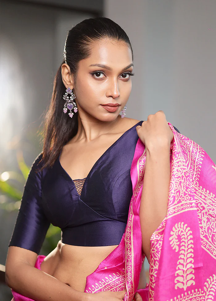 Navy Blue Silk Designer Blouse - Image 3