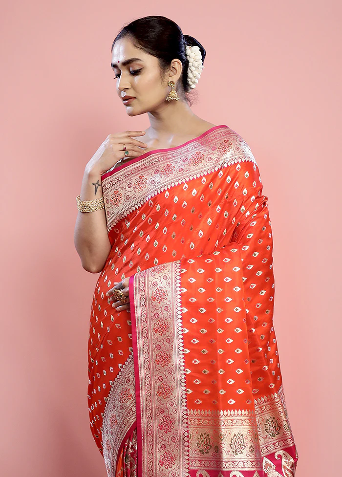 Orange Banarasi Pure Silk Saree With Blouse Piece
