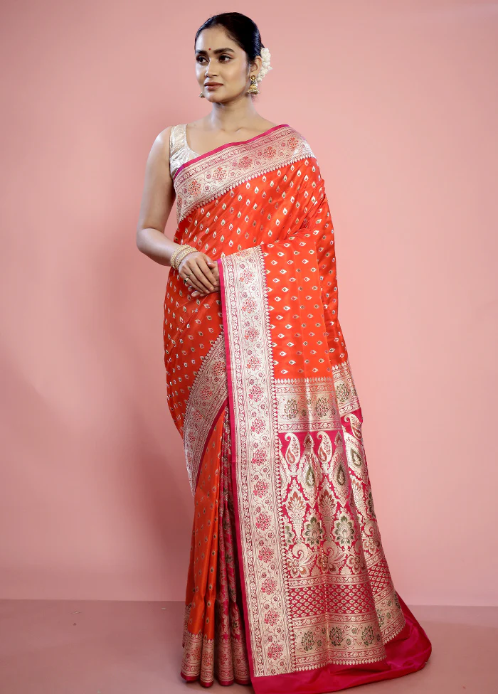 Orange Banarasi Pure Silk Saree With Blouse Piece - Image 2