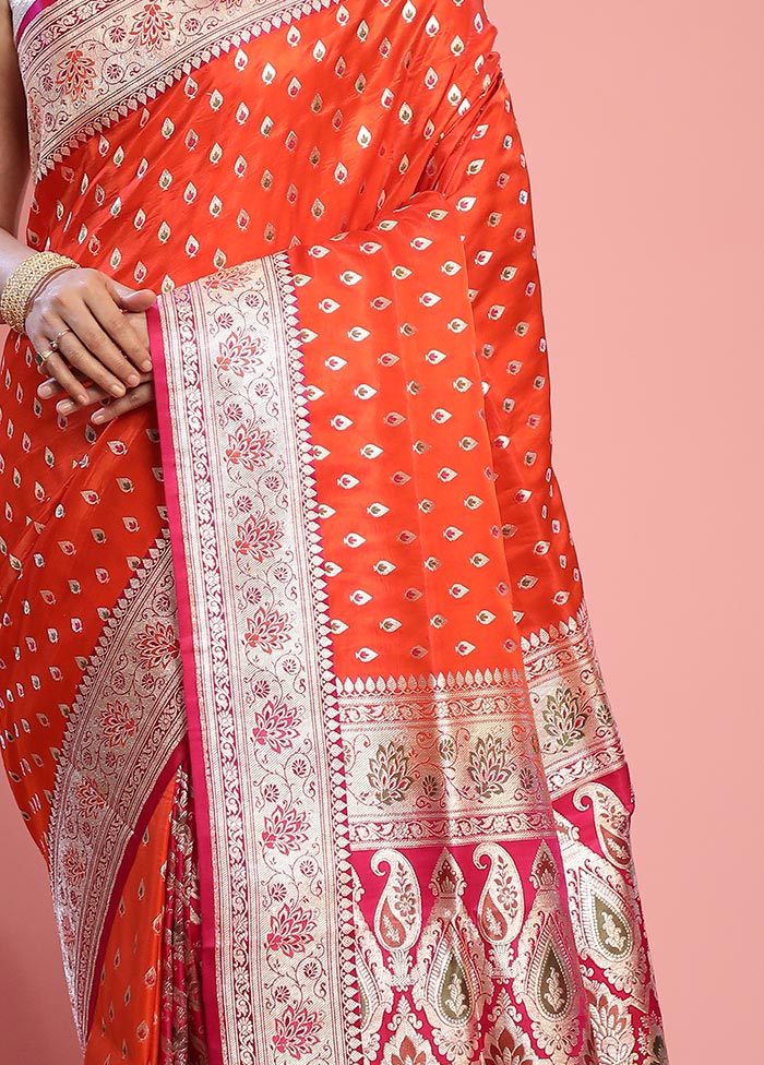 Orange Banarasi Pure Silk Saree With Blouse Piece - Image 3