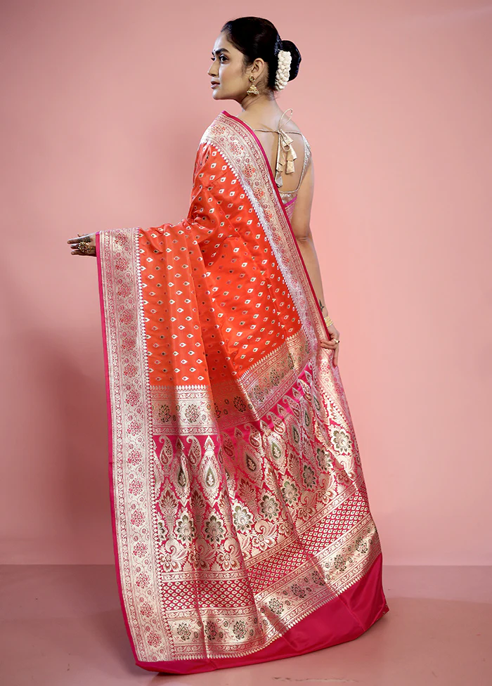 Orange Banarasi Pure Silk Saree With Blouse Piece - Image 4