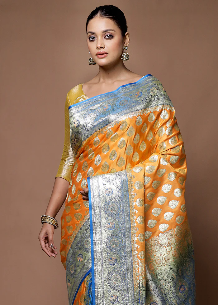 Orange Banarasi Silk Saree With Blouse Piece - Image 2