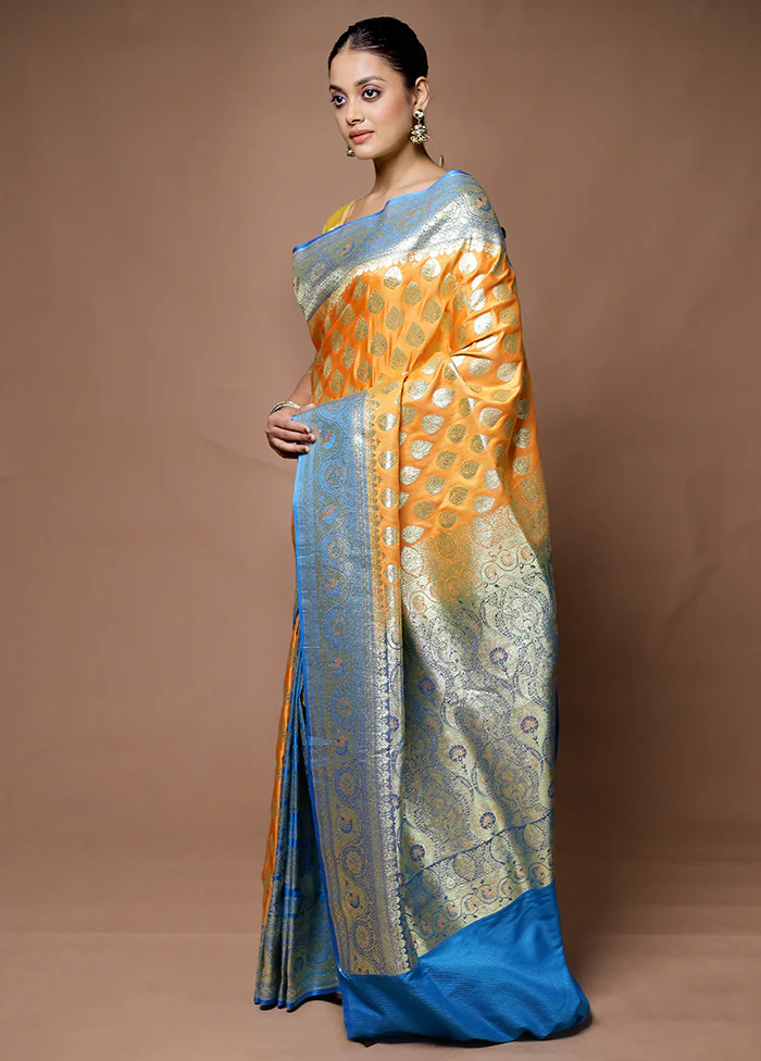 Orange Banarasi Silk Saree With Blouse Piece - Image 4