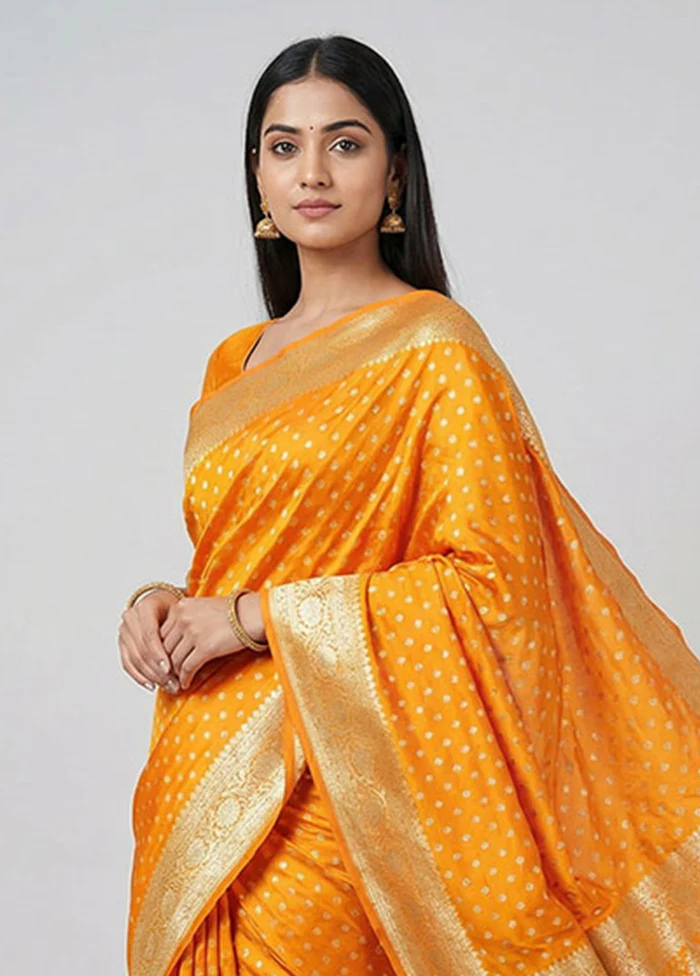 Orange Banarasi Silk Saree With Blouse Piece - Image 2