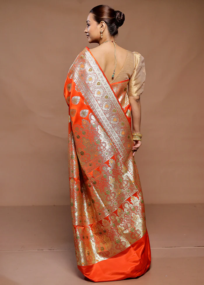 Orange Banarasi Silk Saree With Blouse Piece - Image 3