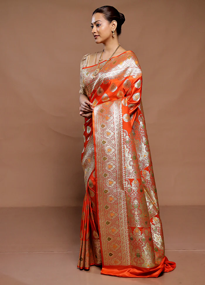 Orange Banarasi Silk Saree With Blouse Piece - Image 4