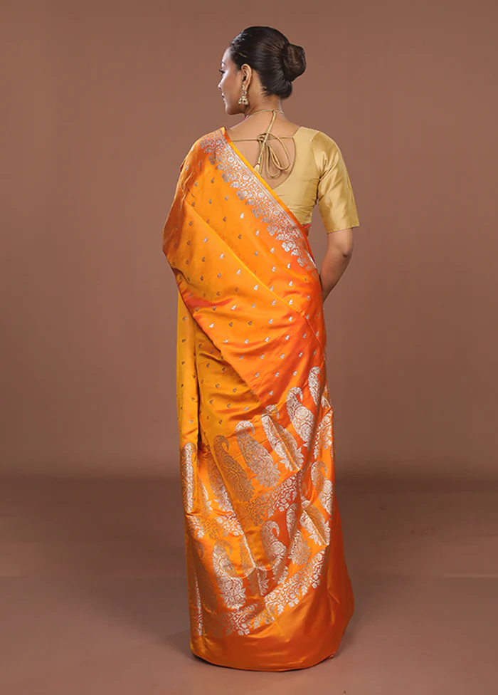 Orange Banarasi Silk Saree With Blouse Piece - Image 3