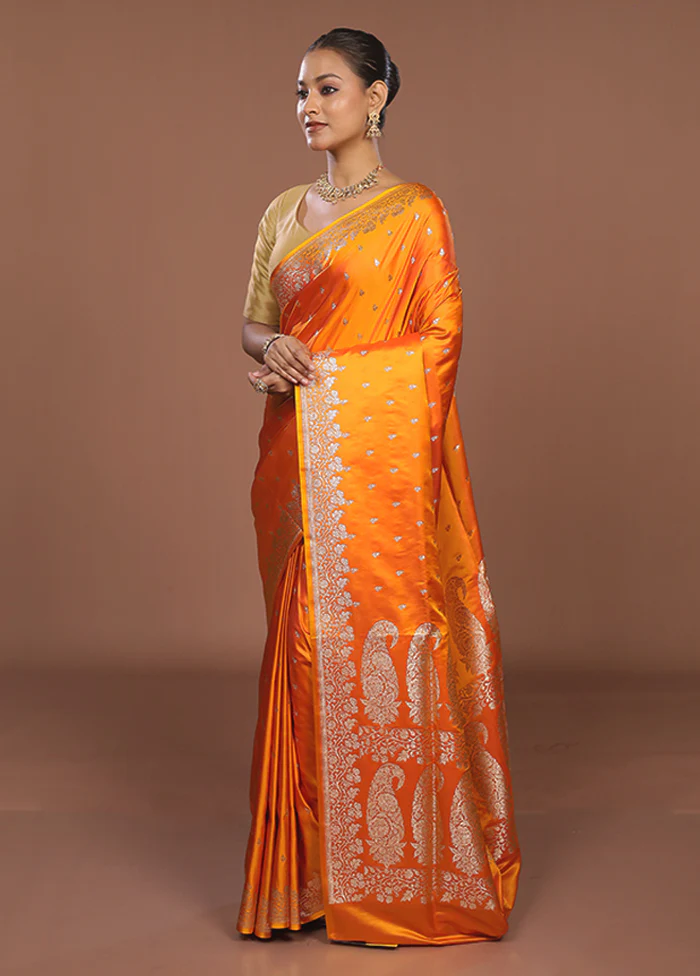 Orange Banarasi Silk Saree With Blouse Piece - Image 4
